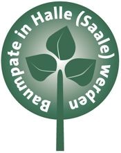 Logo stilisierter Baum mit drei Blättern, runder Text: Baumpate in Halle (Saale) werden